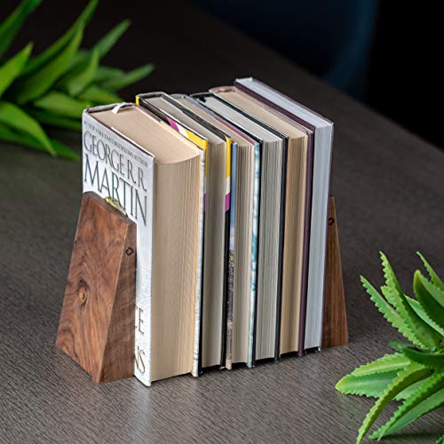TILISMA Walnut Wooden Book Ends with Metal Base - Handmade Sturdy Book Holders