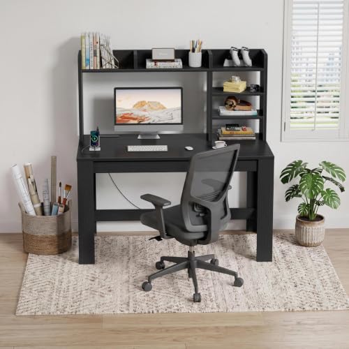 43in Black Gaming Desk with Hutch, Built-In Power Outlet & USB Ports
