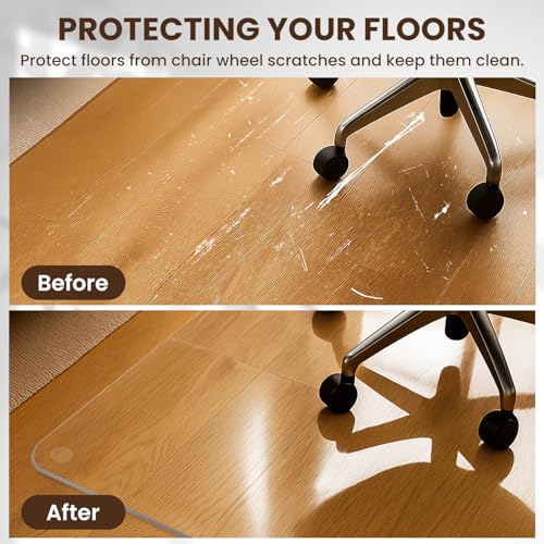 VASUHOME Heavy-Duty Tempered Glass Chair Mat, 31 x 48 Inch Large Office Floor Mat for Carpet or Hardwood Floors, 1/5" Thick with 12 Anti-Slip Pads
