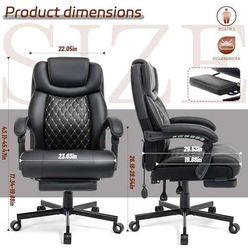 600LBS Big and Tall Office Chair for Heavy People, Reclining Executive Office Chairs with Foot Rest&Air-Adjust Lumbar Support, PU Ergonomic High Back Computer Chair Double Space Casters,Black