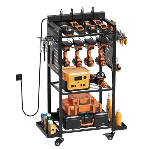Power Tool Organizer Rolling Cart with Charging Station, Garage Floor Stand Rolling Tool Storage Rack with Charging Power Strip, Garage Storage Heavy Duty Utility Shelf with Wheels