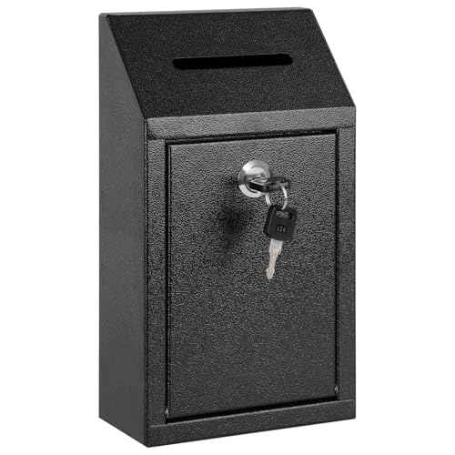 KYODOLED Money Cash Drop Box Wall Mount with Key, Metal Donation and Suggestion Box with Slot and Lock for Home, Farm or Office, Black, 10.24 x 5.7 x 2.95 Inch
