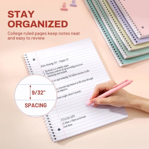 SUNEE Pastel 5-Pack Spiral Notebooks - 1 Subject, College Ruled, 8 x 10.5 inches, 70 Sheets, Pink, Purple, Blue, Green, Yellow
