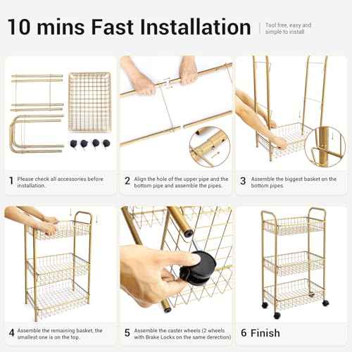 3 Tier Rolling Utility Cart, Storage Trolley Service Cart with Wheels Easy Assembly for Kitchen, Living Room, Office, Salon, Gold