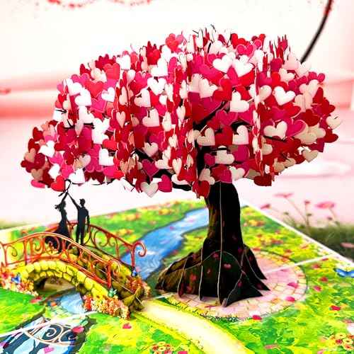 Anniversary Pop Up Card, 3D Love Tree Hearts with Couple, Wedding Anniversary Card for Wife, Husband, Couple, Love Card for Her, Him, Ideal Gift for Wedding, Anniversary, Valentines, Romantic Birthday, Mothers Day