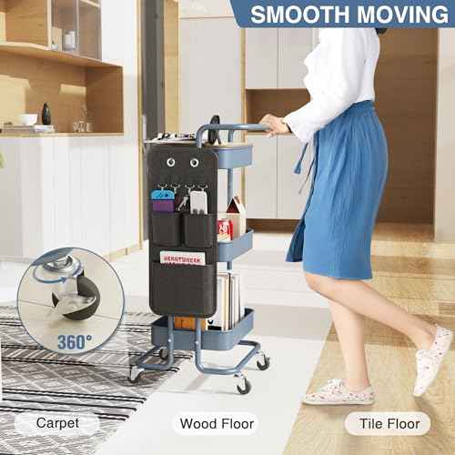 DTK 3 Tier Metal Utility Rolling Cart with Table Top and Side Bags, Metal Tray Storage Organizer Cart with Wheels, Art Craft Cart with 4 Hooks for Kitchen Bathroom Office Living Room (Blue)