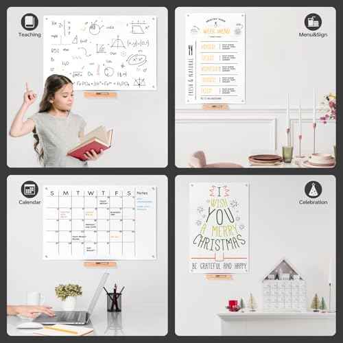 YEOUX Glass Dry Erase Whiteboard - 23x35 Ultra White Non-Magnet White Board for Wall with Wooden Based Floating Glass Marker Tray for Kitchen, Home and Office