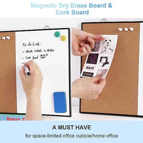 ARCOBIS Cork Board White Board Combo, 12"X16" Small Bulletin Board for Wall, Double-Sided Magnetic Dry Erase Corkboard, Vision Whiteboard for Office,Home,School, Black