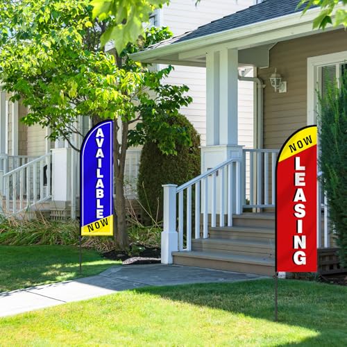 2 Pcs Now Leasing/available 10 ft Swooper Feather Flags Set Advertising Flag Banner with 5 Poles and 1 Stand Swooper Sign Poles Kit Advertising Signs for Retail Stores Business