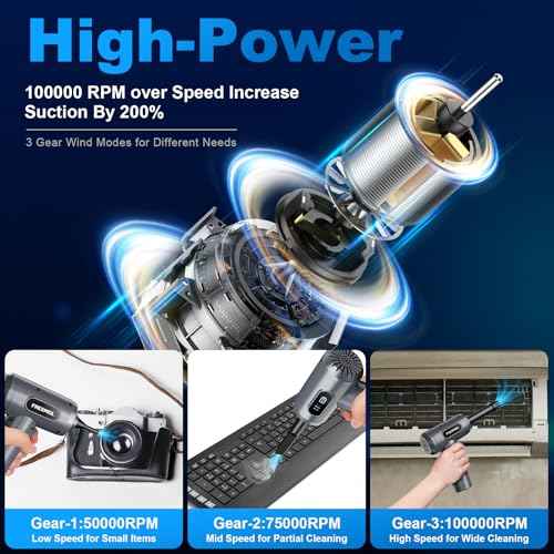 Compressed Air Duster-3 Gear Adjustable 100000RPM Electric Air Duster with LED Light, Rechargeable Cordless Air Blower for Keyboard Electric Devices Cleaning. Replaces Compressed Air Cans (Grey)