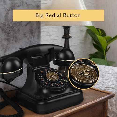 Rotary Phone, Old Desk Phones, Retro Landline Telephone, Classic Vintage Push Button Telephone with Redial Function for Home Office Hotel School, Black