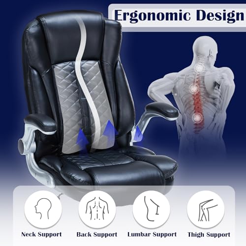 HESL 400lbs Heavy Duty Executive Office Chair Black Flip-Up Armrests Ergonomic Breathable PU Leather