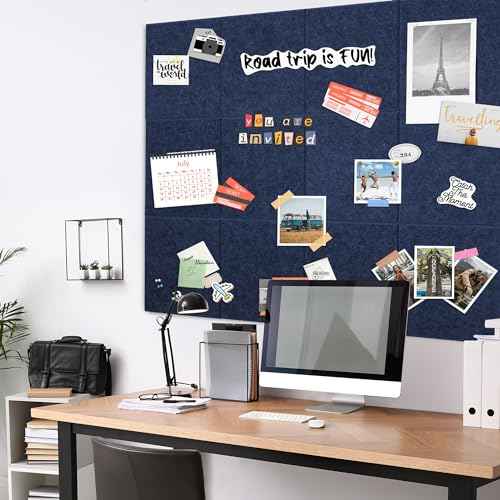 AKTOP Cork Board Bulletin Board 47"x35", 12 Pack Removable Felt Cork Board Tiles for Wall, Large Corkboard Notice Pin Board for Office, School & Home, 48 Safe Adhesive Tabs, 20 Push Pins, Dark Blue
