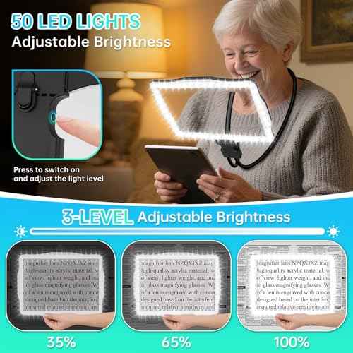 Large 10X Magnifying Glass with Light, Hands Free Magnifying Glass for Reading, Full Book Page Magnifier with 50 LED Lights, Flexible Gooseneck Magnifiers for Seniors Low Vision (Black)