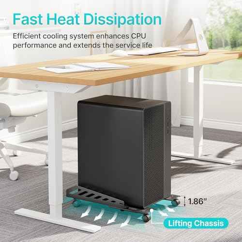 Adjustable PC Stand for Floor(400-510mm D, 160-300mm W), PC Tower Stand with 4 Caster Wheels, Ventilated Under Desk CPU Cart Holder for Office, Gamers, Black