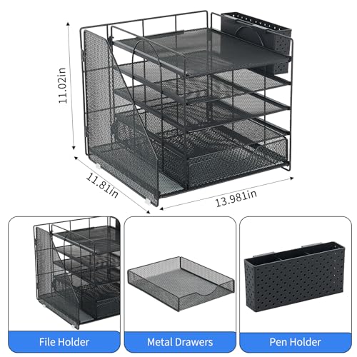 Desk Organizer with Drawer and Pen Holder, 5-Tier Paper Letter Tray Organizer with File Holder, Suitable for Workspace Organizer Office Supplies Storage (Black)
