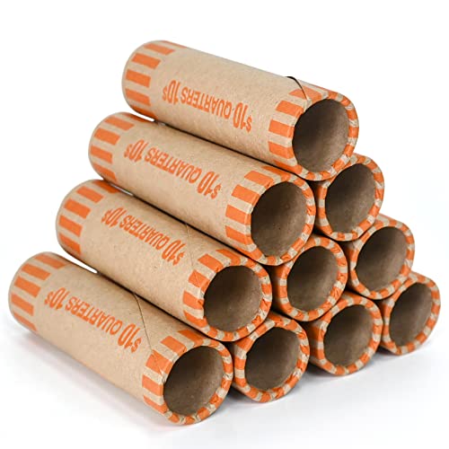 72 PCS Preformed Quarter Coin Wrappers Rolls - Orange ABA Standard, Durable Kraft Paper, Easy Seal, Bank-Grade Organization