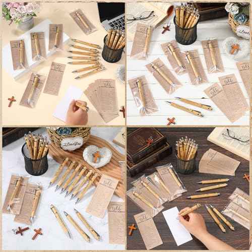 200 Sets Clergy Appreciation Day Gift Christian Religious Bookmarks Bible Verse Bamboo Pens 2'' x 6'' Emergency Numbers Scripture Bookmarks Bulk Religious Feast of The Assumption Favors