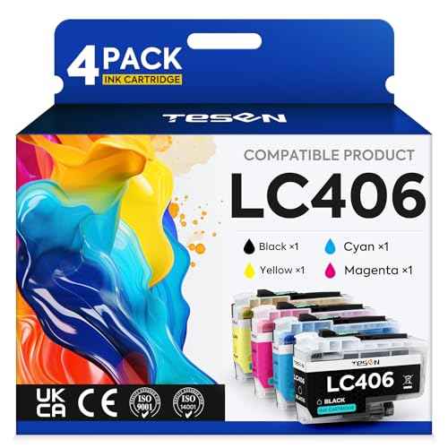 TESEN LC406 Compatible Ink Cartridge Replacement for Brother LC406XL 406XL LC406 for Brother MFC-J4335DW MFC-J4535DW MFC-J5855DW MFC-J6555DW MFC-J6955DW INKvestment MFC-J5955DW Printer 4 Packs Color