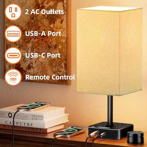 Bedside Lamp with Remote Control & Dimmable Light, 2 AC Outlets + USB-C/USB-A Charging Ports, Beige Shade Nightstand Table Desk Lamp for Bedroom, Living Room, Home Office Decor | College Essentials