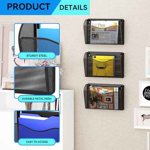 6 Single Pocket Wall File Holder, Mesh Hanging File Folder Paper Organizer, Vertical Wall Mounted Mail Basket, Storage Organization Magazine Rack for Office, Home and School, Black