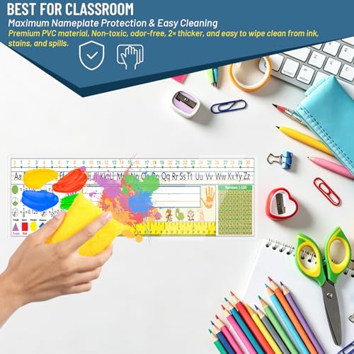 30 Pcs Self-Adhesive Nameplate Pockets 9.9 x 3.9 Inches Thick PVC Clear Desk Name Tag Holders for Classroom & Office