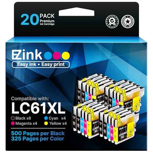 E-Z Ink (TM Compatible Ink Cartridge Replacement for Brother LC61 LC-61 LC65 XL to use with MFC-J615W MFC-5895CW MFC-290C MFC-5490CN MFC-790CW MFC-J630W (8 Black, 4 Cyan, 4 Magenta, 4 Yellow) 20 Pack