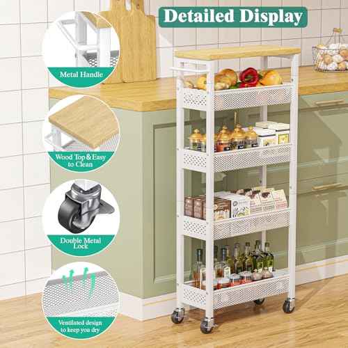 Giwil Slim Storage Cart 5 Tier Narrow Kitchen Rolling Cart on Wheels for Small Space, Metal Utility Cart Narrow Bathroom Storage Cabinet Mobile Shelf Unit Organizer with Wood Top and Handle, White