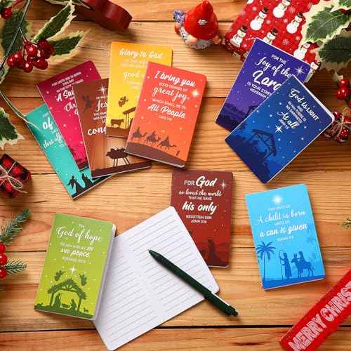 Tenceur 100 Pcs Mini Christmas Notepad Nativity Theme Christian Gift Stuffers Christmas Notebook Bible Verse Notepads 10 Styles for Office Supply Christmas Party Favors Holy Night