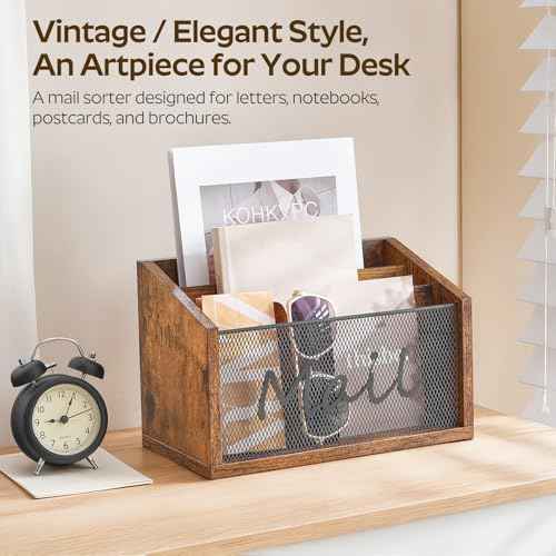 Mail Organizer Countertop, Mail Holder with 3 Slots, Mail Sorter for Desk, Wooden Office Desk Organizer, Mail Organizer for Magazines, Files, Papers, Folders, Rustic Brown and Black MR03BR
