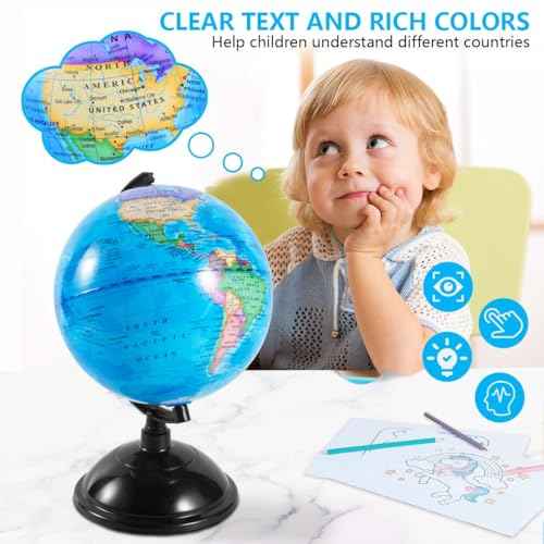 8 Inch World Globe with Stand Rotating Earth Spinning Globe for Kids Geography Classroom Education or Decorations (Blue)