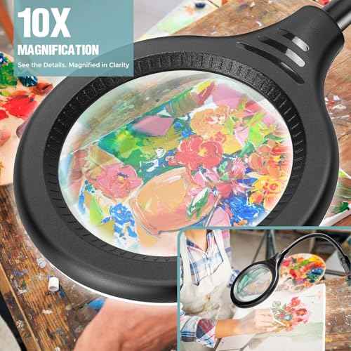10X Magnifying Glass with Light and Stand, Flexible Gooseneck Magnifying Floor Lamp with Light, 3-in-1 LED 5 Color Modes, Stepless Dimmable Lighted Magnifier Hands Free for Close Work, Craft, Reading
