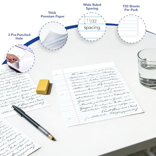 KAISA Wide Ruled Loose Leaf Binder Paper 3-Pack, 150 Sheets Each, 8x10.5in, 3-Hole Punched - US Made