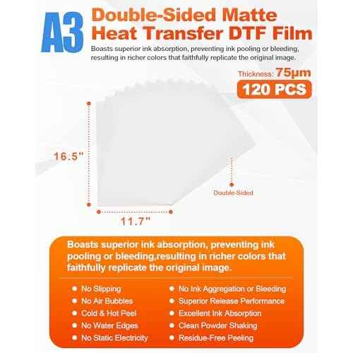 Yitentek A3 DTF Transfer Film, 11.7" x 16.5" Double Sided Matte PreTreat PET Heat Transfer Paper Sheets for DTF Inkjet Printer, DTF Paper Direct Print on T-Shirts Textile, Hot & Cold Peel, 120 Sheets