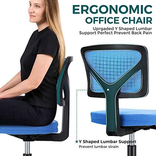 DUMOS Armless Desk Chairs with Wheels, Ergonomic Adjustable Home Office Swivel Rolling Task Chair No Arms, Comfy Mesh Mid Back Computer Work Vanity Desk Seat for Small Spaces, Blue