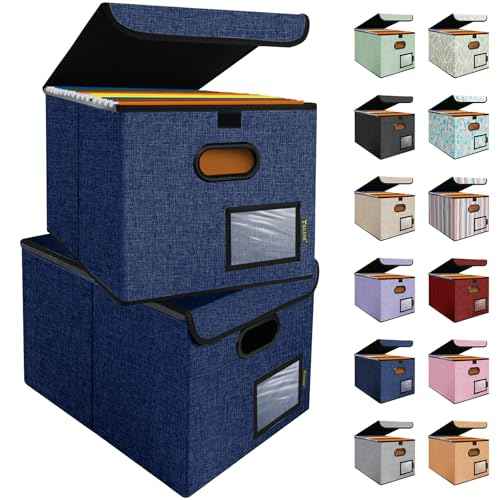 BALEINE File Organizer Box with Lid, Collapsible File Folder Organizer with Plastic Slide, Hanging File Folder Box for Office Document Storage (2 Pack, Blue)
