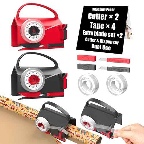 (2-Pack) Wrapping Paper Cutter & Tape Dispenser Dual Use with 4 Tapes£¬2 Replace Blades Kit for Christmas Gift Wrap Cutter Tool Paper Roll Holder Tube Sliding Slicing for Birthday Holiday.