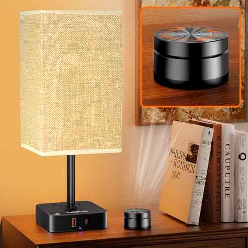 Bedside Lamp with Remote Control & Dimmable Light, 2 AC Outlets + USB-C/USB-A Charging Ports, Beige Shade Nightstand Table Desk Lamp for Bedroom, Living Room, Home Office Decor | College Essentials
