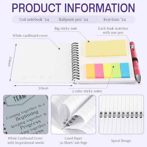 24 Set Employee Appreciation Gift Thank You Notebook with Sticky Note Inspirational Team Journal Notepad Bulk Ballpoint Pen Keychain for Teacher Nurse Coworker (Boho Color, Stylish)