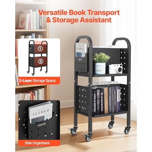VEVOR Rolling Library Book Cart, 150 lbs Capacity, 17.7 x 13.0 x 34.6-Inch Library Cart, Double Sided L-Shaped Shelves with 2-Inch Lockable Wheels, Book Truck for Home Shelves Office and School, Black