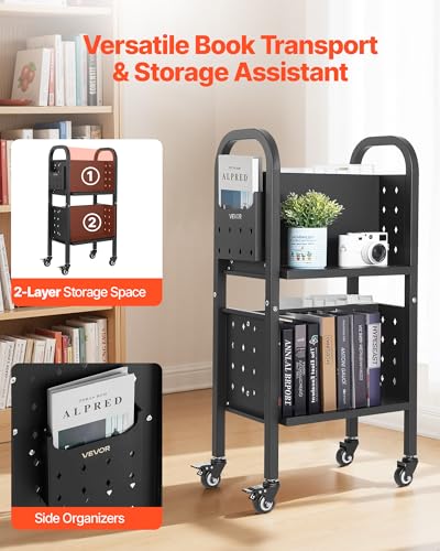 VEVOR Rolling Library Book Cart 150 lb Capacity 2-Tier Mobile Station 17.7 x 13 x 34.6 in