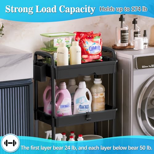 Black 3-Tier Rolling Storage Cart with Removable Drawers & Lockable Wheels