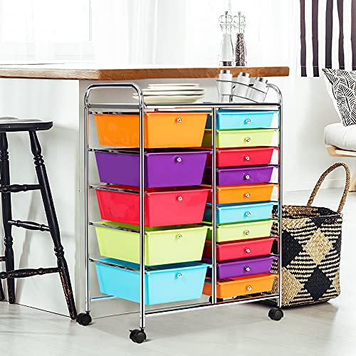 DREAMADE 15-Drawer Rolling Cart with Lockable Wheels, Multi-Color 25"L x 14.5"W x 34.5"H
