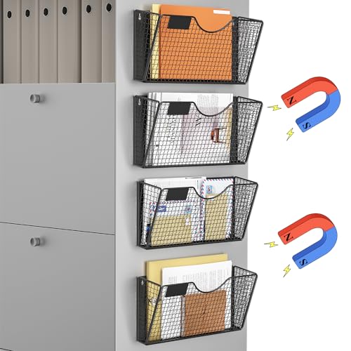 MFTEK Magnetic File Holder, 4 Pockets Magnetic File Folder Holder No Drilling Magnet Paper Mail Organizer Magazine Basket, Hanging Wall Storage Rack for Fridge Cabinets Office Classroom