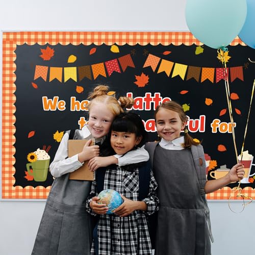 Thanksgiving Latte Bulletin Board Set Fall Coffee Cup Bulletin Board Classroom Decoration Autumn Maple Leaves Cutouts Home Window Wall Party Decor for Teacher(We Have A Latte To Be Thankful For)