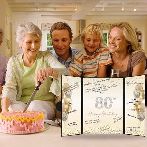 DARUNAXY Black Gold 80th Birthday Party Decorations, Happy 80th Birthday Alternative Signature Guest Book for Men Women Cheers to 80 Years Old Gifts 80 Birthday Signing Card Board Party Supplies