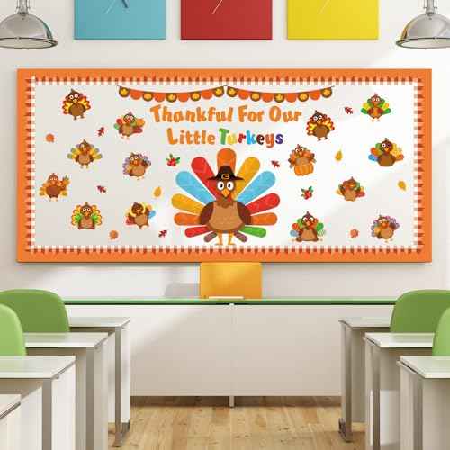 Thanksgiving Turkey Bulletin Board Set Fall Turkey Bulletin Board Classroom Decoration Autumn Maple Leaves Cutouts Home Window Wall Party Decor for Teacher(Thankful For Our Little Turkeys)
