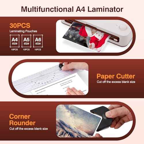 Bisofice A4 Laminator with 30 Laminating Films for A4/A5/A6, Thermal and Cold Laminating Machine with Paper Cutter, Corner Rounder and Punch, for School Office Family (White)