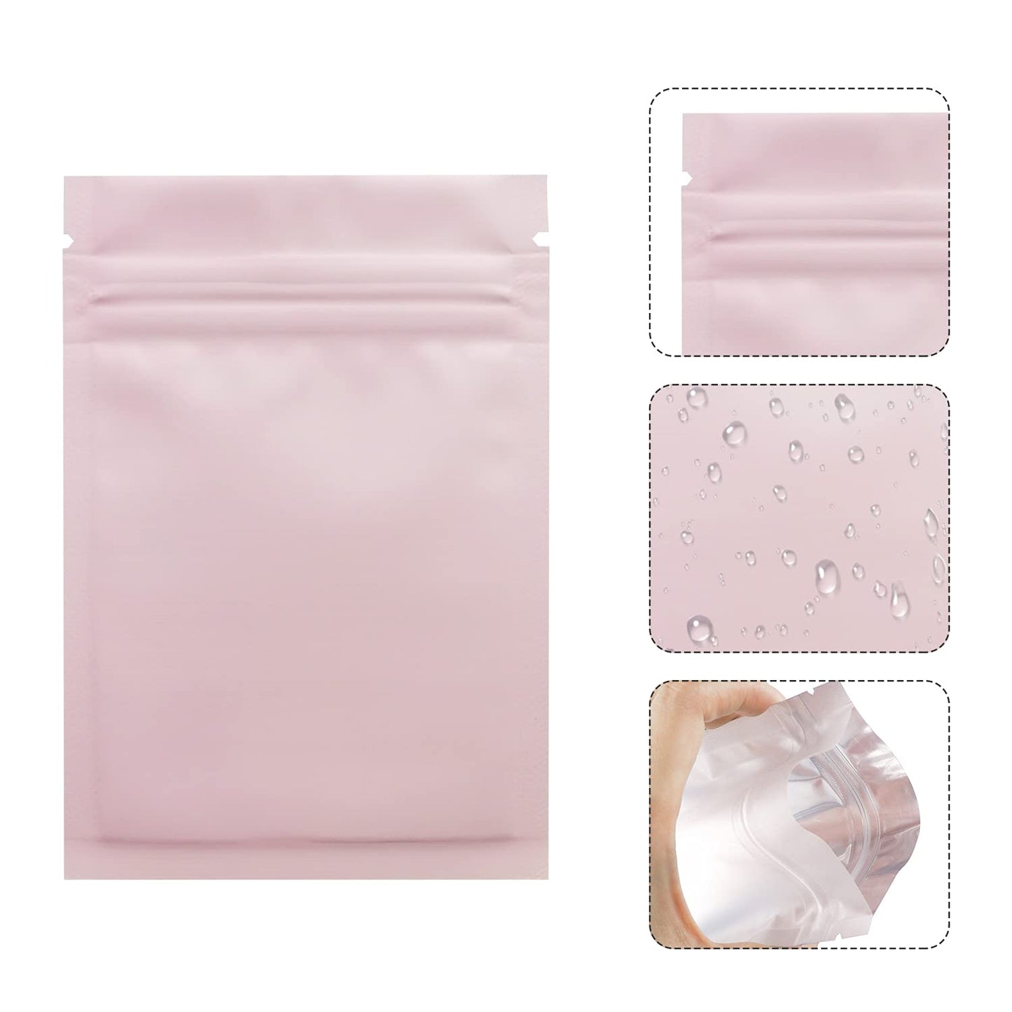 Smell Proof Bags 100 Pack 3 x 4 Inch Resealable Mylar Bags Foil Pouch Flat Bag with Clear Window Pink
