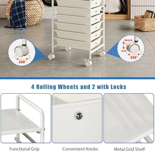 9-Tier Utility Cart with 9 Drawers, Rolling Utility Cart with 2 Lockable Caster Wheels, Multipurpose Mobile Rolling Storage Drawer Cart for Office Bathroom Kitchen, Ivory White